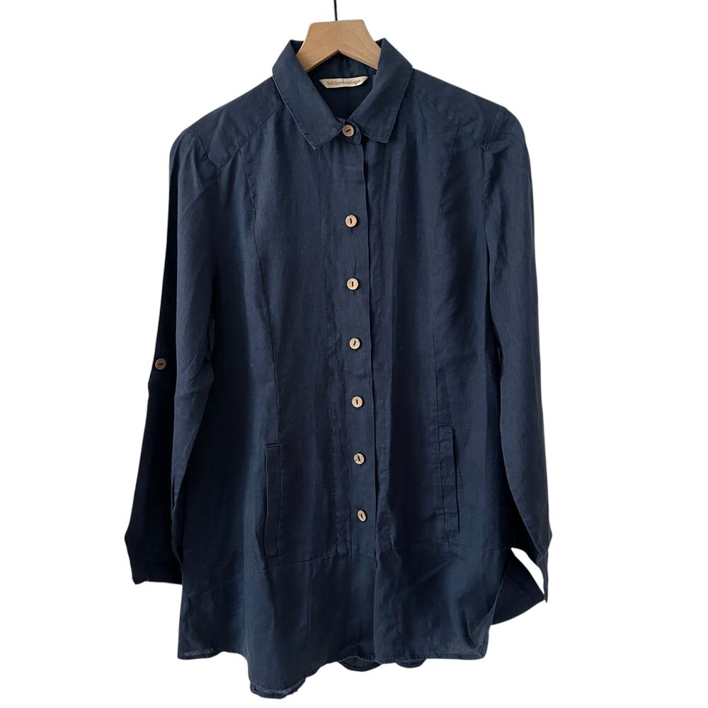 Soft Surroundings Navy Blue 100% Linen Button Up Tunic Top Size‎ S